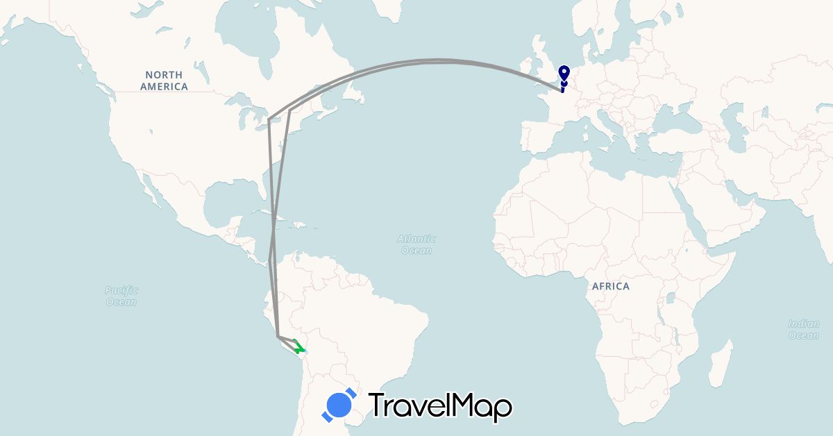 TravelMap itinerary: driving, bus, plane, hiking, boat in Canada, France, Panama, Peru (Europe, North America, South America)